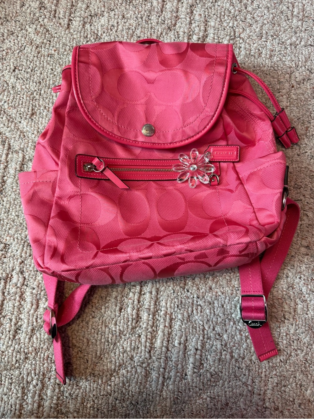 Coach Pink Signature Mini Backpack with Flower Charm